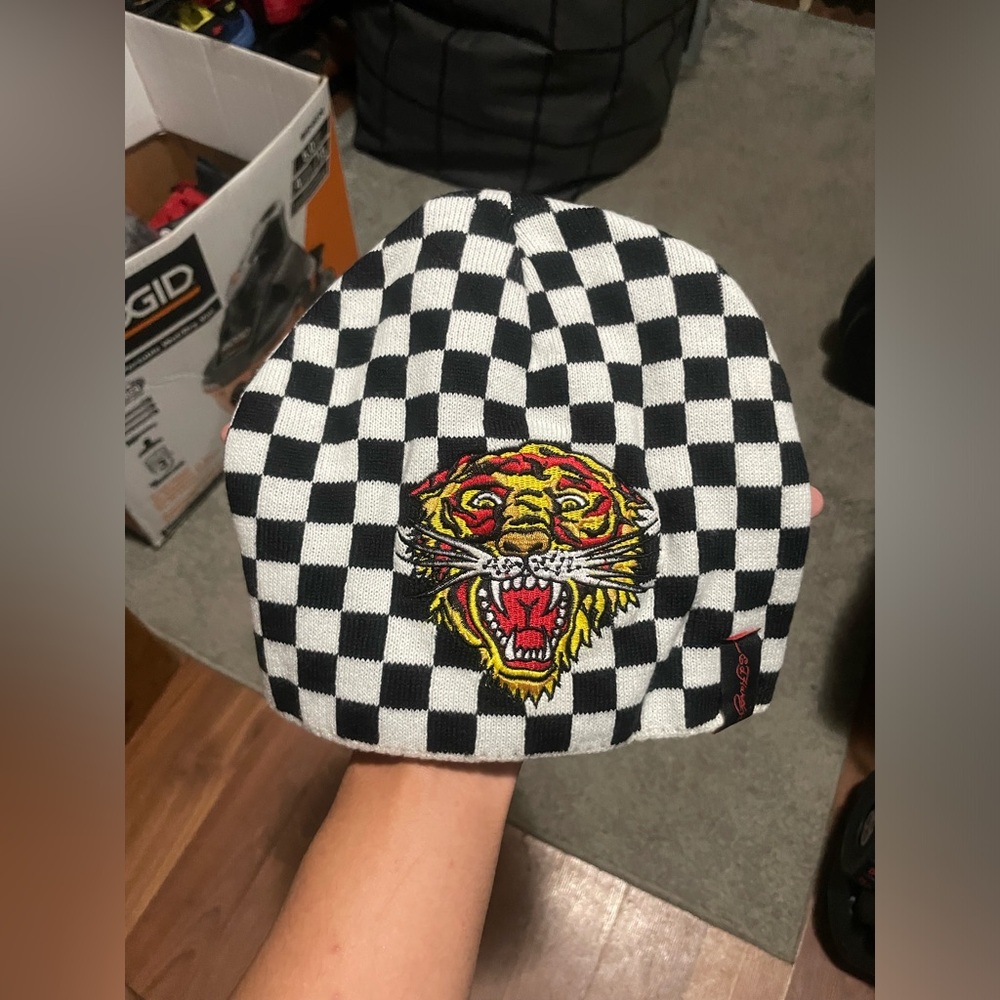 Rare Ed Hardy Embroidered Tiger Logo
Checkered black beanie
